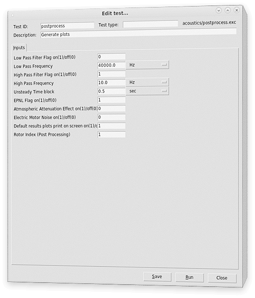 Image shows the graphical user interface for the FLIGHTLAB Acoustic Toolkit, which consists of three components: initial conditions, pre-processor and post-processor.
