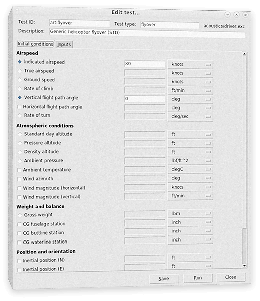 Image shows the graphical user interface for the FLIGHTLAB Acoustic Toolkit, which consists of three components: initial conditions, pre-processor and post-processor.