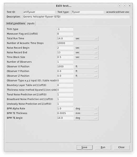 Image shows the graphical user interface for the FLIGHTLAB Acoustic Toolkit, which consists of three components: initial conditions, pre-processor and post-processor.