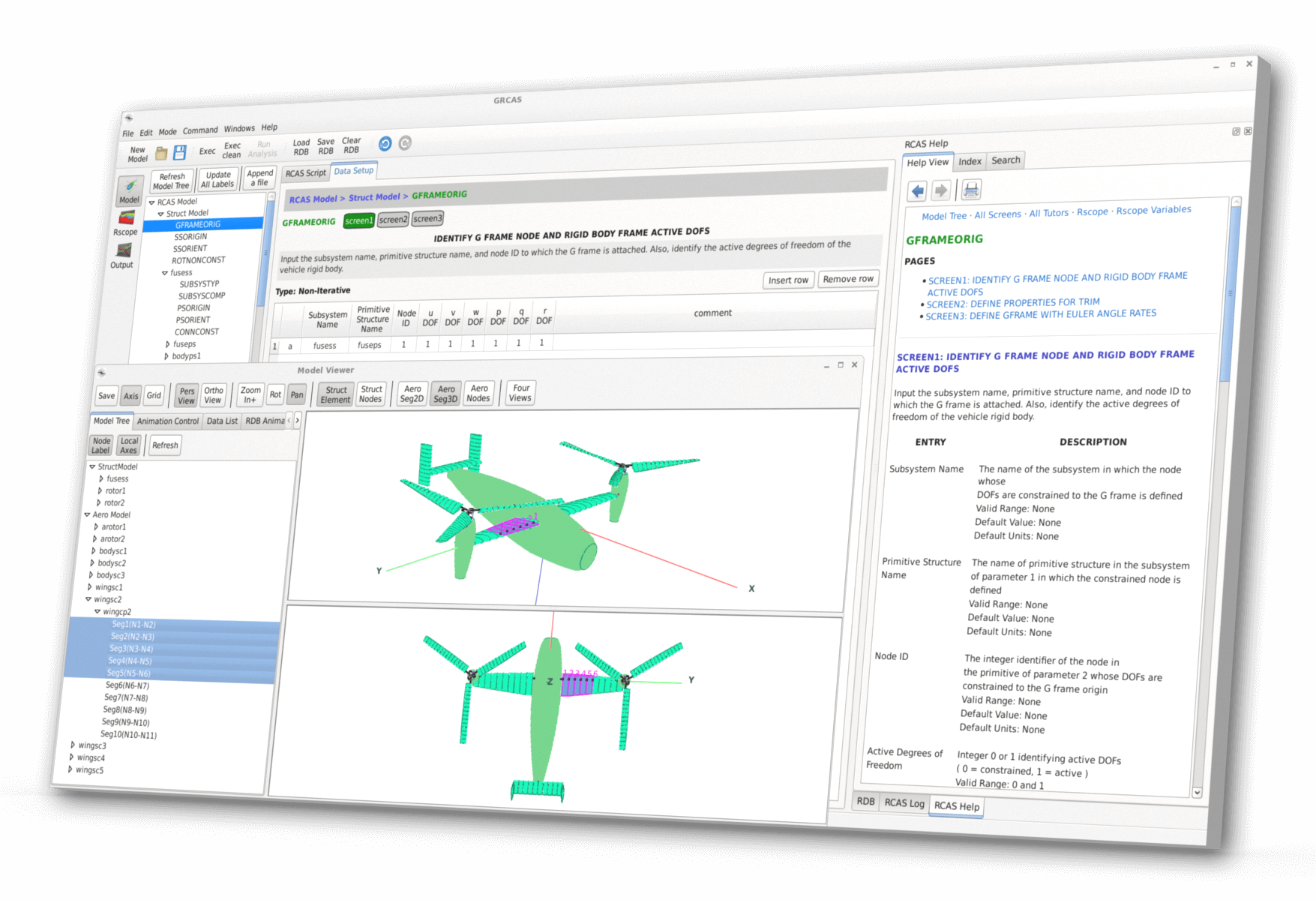 Graphical user interface of GRCAS software. In the image, GRCAS is analzing a rotorcraft model.